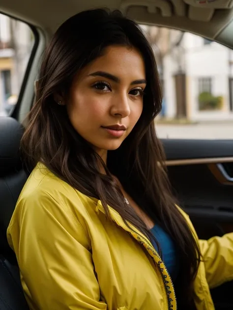 gorgeous young colombian woman , in the car in a down jacket , beautiful face , with long flowing dark hair and stricking dark eyes , she should have a natural , approachable expression and be illuminated by soft ( capture this image with a high-resolution...