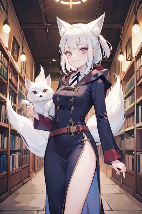 A white haired female witch with copper eyes and white fox ears and a white fox tail in a conservative witchs uniform is smiling in the library