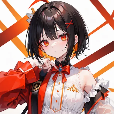 The short  black hair has a slight reddish tinge，The head is decorated with a white  bow，Crimson pupils，Red, orange and yellow clothes，Is a cute ,,