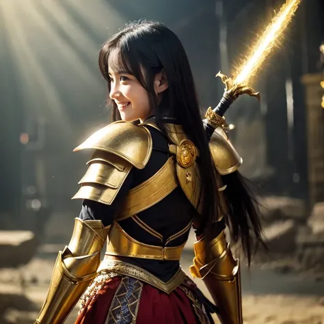 ((highest quality)), ((masterpiece)), (get used to it), perfect face, shoulder length black hair、28 year old female。Clad in dazzling golden armor、smile gently。The sword is pointed at me with the right hand.、Left hand vertical defense、Getting ready for batt...