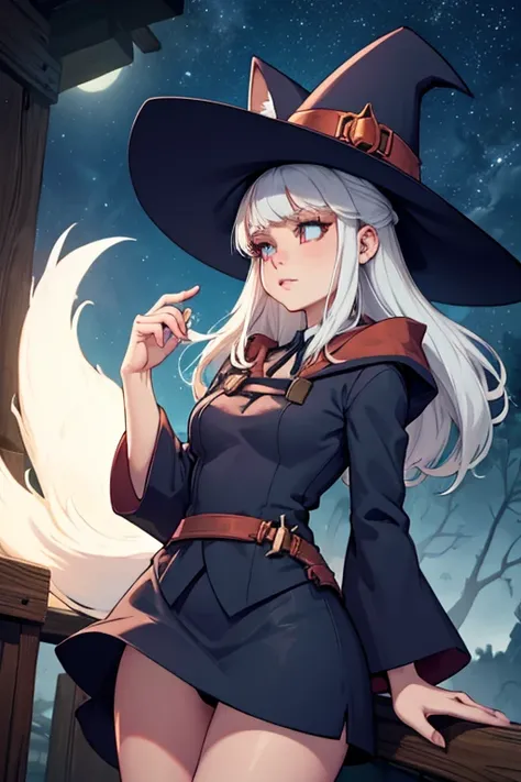 A white haired female witch with copper eyes and white fox ears and a white fox tail in a conservative witchs uniform is working with magic at night