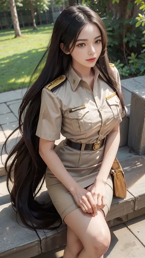 khaki suit, khaki civil servant, thai teacher uniform:1.3, beautiful girl with extra long hair, two meter long hair, long hair t...