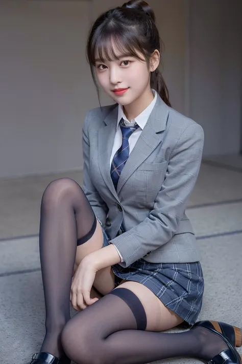 (8K), (highest quality: 1.2), (realistic), (realistic: 1.37), ultra high resolution, (1 girl), cute, smile, closed mouth, beautiful details, beautiful nose, ponytail, giant dulcefo, pork, thighs，self snap,University Student Uniform,(A simple navy blue blaz...