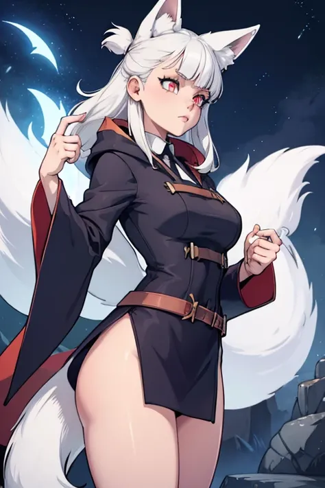 A white haired female witch with copper eyes and white fox ears and a white fox tail in a conservative witchs uniform is working with magic at night