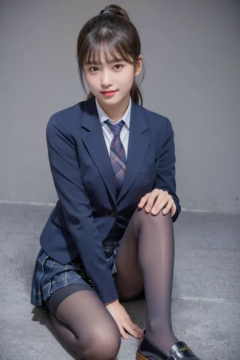 (8K), (highest quality: 1.2), (realistic), (realistic: 1.37), ultra high resolution, (1 girl), cute, smile, closed mouth, beautiful details, beautiful nose, ponytail, giant dulcefo, pork, thighs，self snap,University Student Uniform,(A simple navy blue blaz...