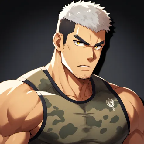 anime characters：gyee, fitness coach, 1 muscular tough guy, manliness, male focus, camouflage sleeveless t-shirt, very tight, sl...