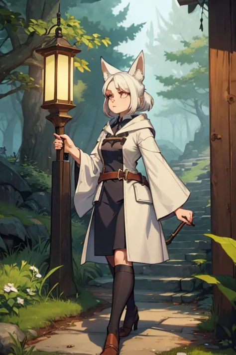 a white haired female witch with copper eyes and white fox ears and a white fox tail in a conservative witch's uniform is walkin...