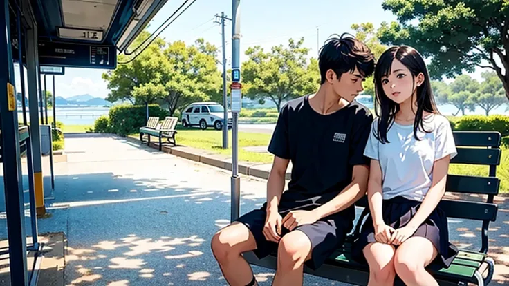 masterpiece, best quality, teenager couple,(sitting on bench at bus stop),bus stop,sea view,old bus stop,rural,sunny day,(distant view,long shot), beautiful lighting,looking away,(photographic portrait),