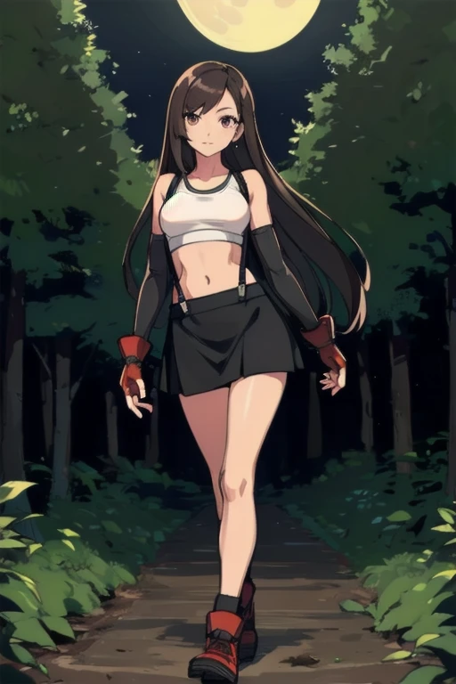 masterpiece, best quality, defTifa, long black hair, reddish-brown irises, medium breasts, small waist, perfect figure, highly detailed, expressive eyes, perfect face, white crop top, elbow pad, fingerless gloves, suspenders, short skirt, looking at viewer...