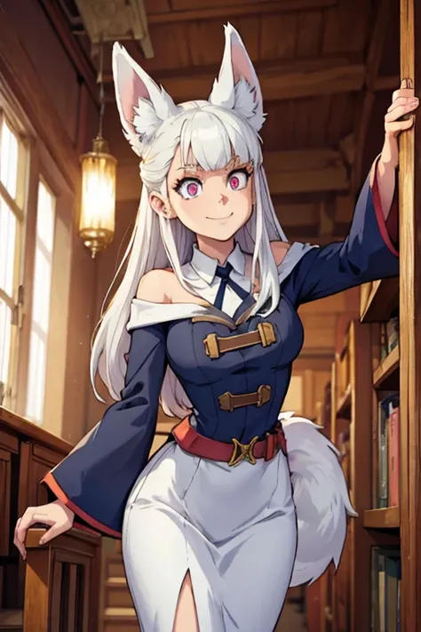 A white haired female witch with copper eyes and white fox ears and a white fox tail in a conservative witchs uniform is leaning forward with a smile in the library