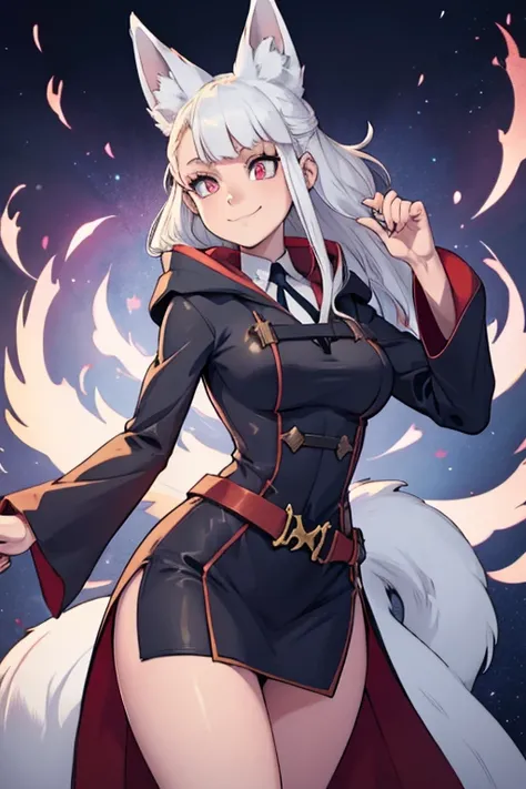 A white haired female witch with copper eyes and white fox ears and a white fox tail in a conservative witchs uniform is performing a spell with a nervous smile