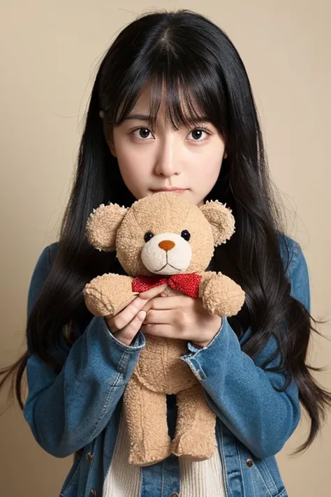 Beautiful girl has a sad expression、The eyes and nose are clearly defined.、While describing her long black hair,、Create a figure holding a worn-out teddy bear doll.。She was a little dirty looking.、The background gives off a sad vibe。