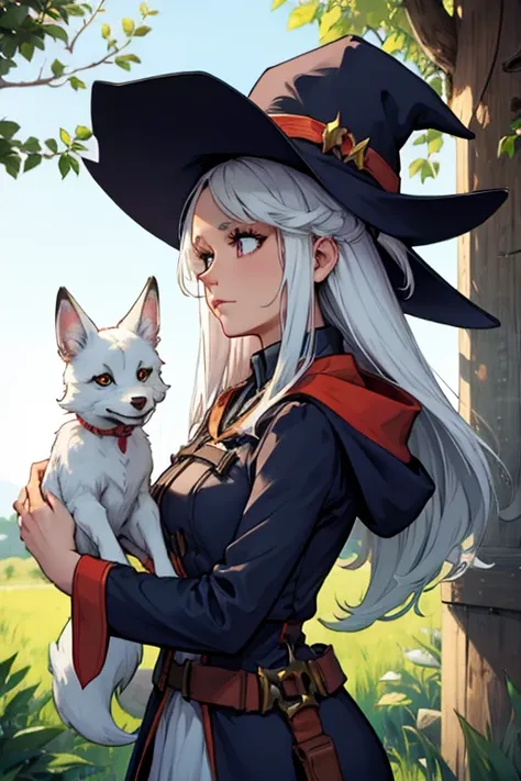 A white haired female witch with copper eyes and white fox ears and a white fox tail in a conservative witchs uniform is holding a magical plant