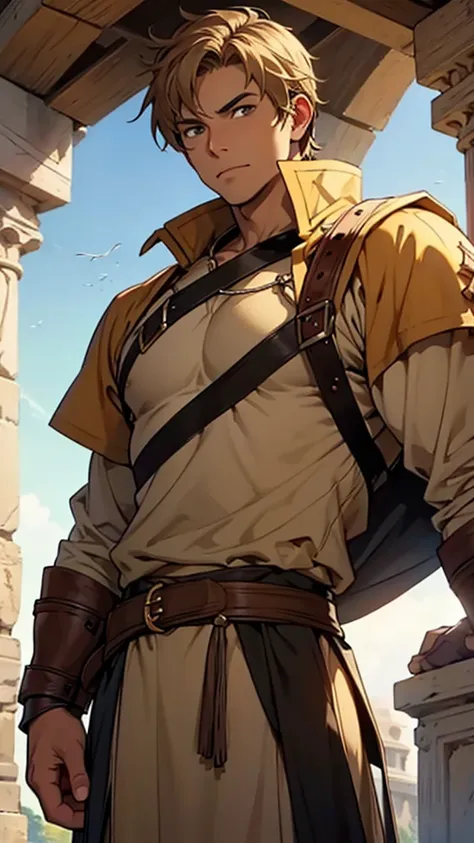 1man an ancient soldier good physique from medieval times light brown eyes light tan skin color short light brown hair