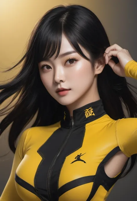 ((highest quality)), ((masterpiece)), (get used to it), perfect face, shoulder length black hair、28 year old female。Yellow skin-tight bodysuit、Like Bruce Lee、powerfully、Yellow nunchucks、Arms up、The camera angle is from above