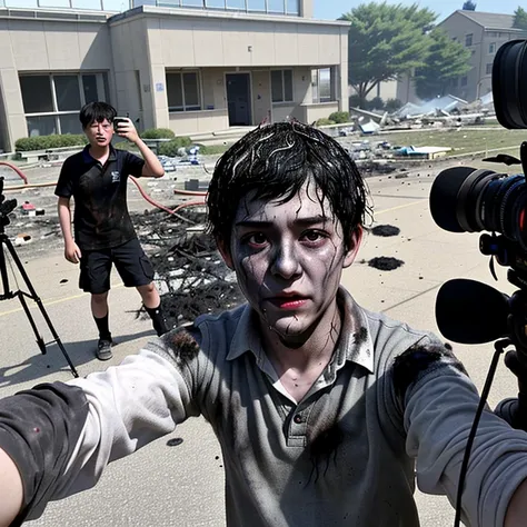 Filming a comedy movie set in a school、A boy actor takes a selfie after being covered in soot and in tatters after an explosion