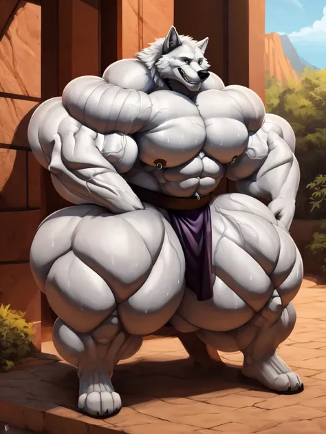 4k, high resolution, best quality, perfect lightning, perfect, solo, anthro, young, boy,white wolf:2.0, furry body, (fluffy mane:1.2), fluffy tail, male, adult, (bulky2:0, thick muscles2:0, huge muscles:2.0, hyper muscles:2.0), (thick biceps, veiny biceps,...