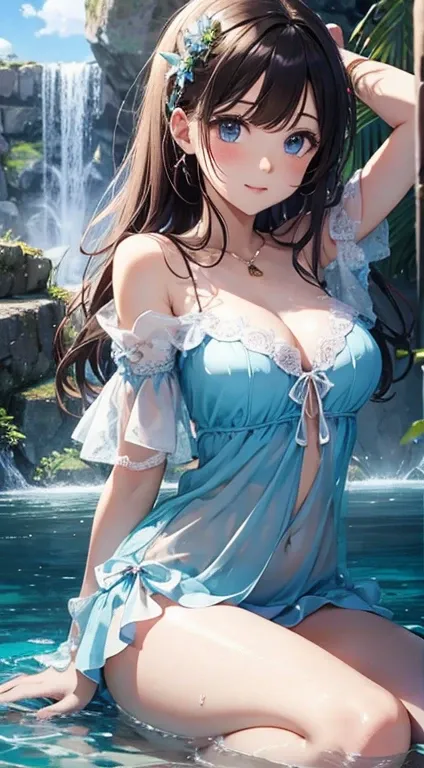 (Art style close up, 8k Ultra HD, Masterpiece-level Vista CG wallpapers), (god&#39;s perspective), (beautiful and detailed eyes), cute anime girl, perfect slender body, off shoulder shirt, tight dress, Lace decoration, Swim in a pool beneath a waterfall, p...