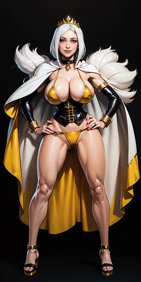 ((BLACK BACKGROUND,1:2, masterpiece)), full body MILF BIMBO standing with two long thighs and two high heels, red eyes, silver white hair, short bob style hair, big breasts, cleavage, separate sleeves, tiara royal, long cape up to two feet, yellow bikini, ...