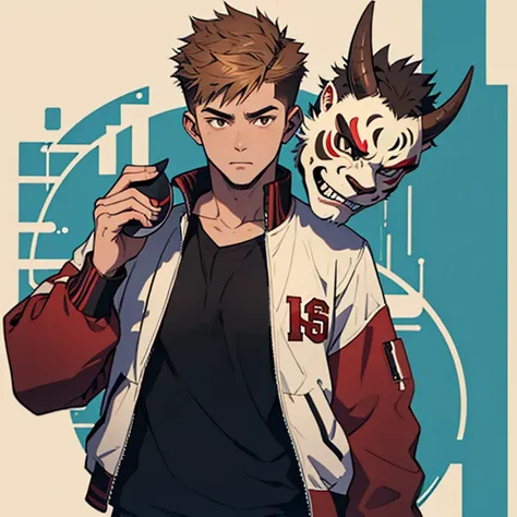  human Male  19 years old  , ((Brown fade haircut)) , ((  oni mask )) ,Gray shirt  ,,((holding mask)) , Bandage , ((wearing varsity Jacket ))