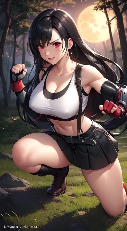 best quality, ultra-detailed, high resolution, anime style, cell shading, detailed, dynamic lighting, beautiful detailed eyes, Tifa Lockhart, final fantasy vii remake, white crop top, elbow pad, fingerless gloves, suspenders, very short pleated miniskirt, ...