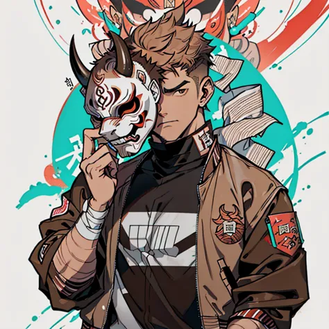 human male  19 years old  , ((brown fade haircut)) , ((  oni mask )) ,gray shirt  ,,((holding mask)) , bandage , ((wearing varsi...