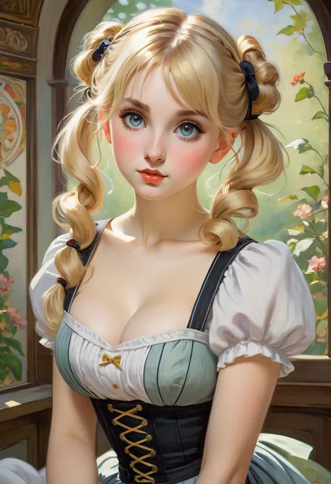 Cute Maid With Blonde Hair, Big Eyes, Adorable Features, Natural Hourglass Figure, Wearing Pigtails, Fair Skin, And A Low-Cut/Tight Top With A Mini Skirt, Resembling The Beauty Of Alphonse Muchas Artwork And Impressionist Paintings By Artists Like Konstant...