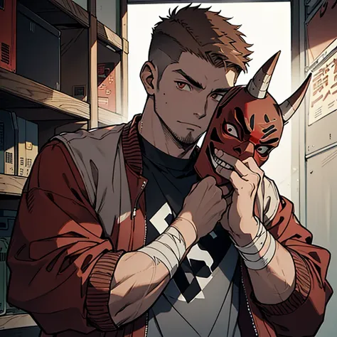  human Male  19 years old  , ((Brown fade haircut)) , ((  Red oni mask )) ,Gray shirt  ,,((holding mask)) , Bandage , ((wearing varsity Jacket )) , 