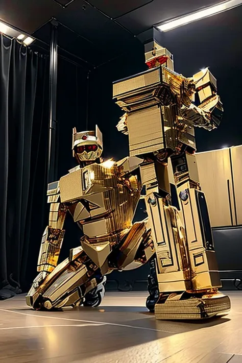 5 8k uhd、a mechanical beauty in a gold metallic body wearing glasses is kneeling、a silver metal robot with shiny skin