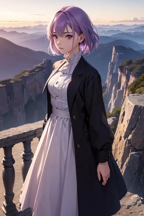 (Highest resolution, clearly_image) Excellent, masterpiece, high detail,a very beautiful woman, alone, Normal handsome posture, short light purple hair,light purple eyes, cold expression, 18 years old, young,  Cold and proud, standing on the cliff, overloo...