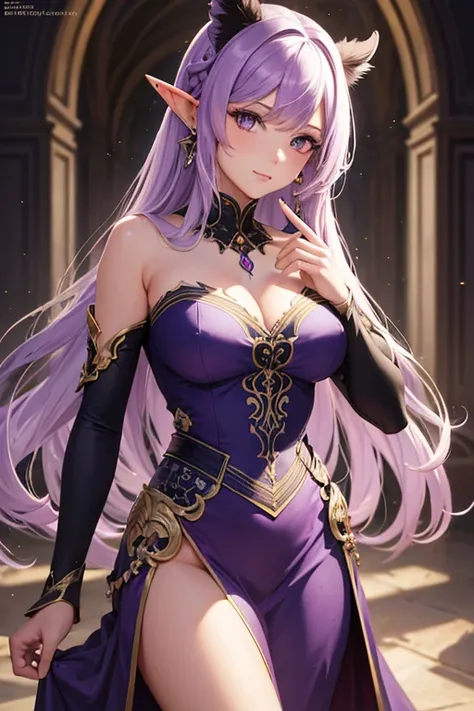 masterpiece, high resolution, best quality, Very detailed, wallpaper, ish, brush strokes, pointed ears, light purple eyes,beautiful woman, purple dress