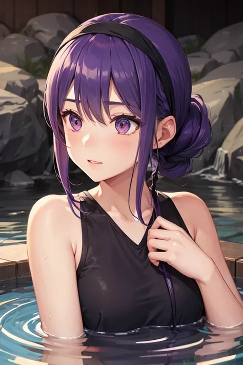 1 girl, (alone:1.3), hot spring, outdoor, purple hair, braid, folded ponytail, Headbands