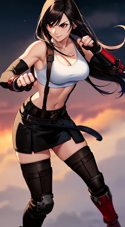 tifa lockhart, final fantasy vii, (crisis core final fantasy vii), 1girl, anime style, cell shading, beautiful detailed eyes, white crop top, cleavage, elbow pad, fingerless gloves, suspenders, black leather miniskirt, red boots, dynamic pose, red eyes, se...