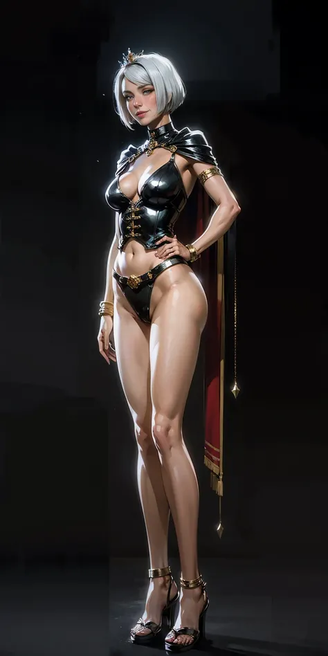 ((BLACK BACKGROUND,1:2, masterpiece)), full body MILF BIMBO standing with two long thighs and two high heels, red eyes, silver white hair, short bob style hair, big breasts, cleavage, separate sleeves, tiara royal, long cape up to two feet, yellow bikini, ...