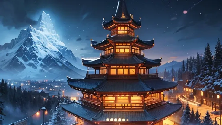 night view　building　Mountain　fantasy