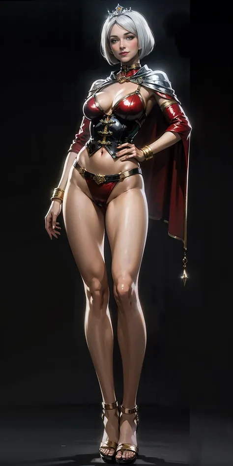 ((BLACK BACKGROUND,1:2, masterpiece)), full body MILF BIMBO standing with two long thighs and two high heels, red eyes, silver white hair, short bob style hair, big breasts, cleavage, separate sleeves, tiara royal, long cape up to two feet, yellow bikini, ...