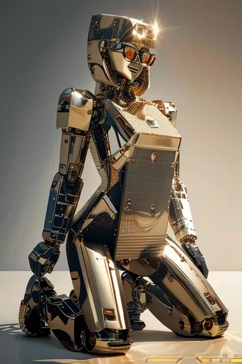 5 8K UHD、A mechanical beauty in a gold metallic body wearing glasses is kneeling、A silver metal robot with shiny skin