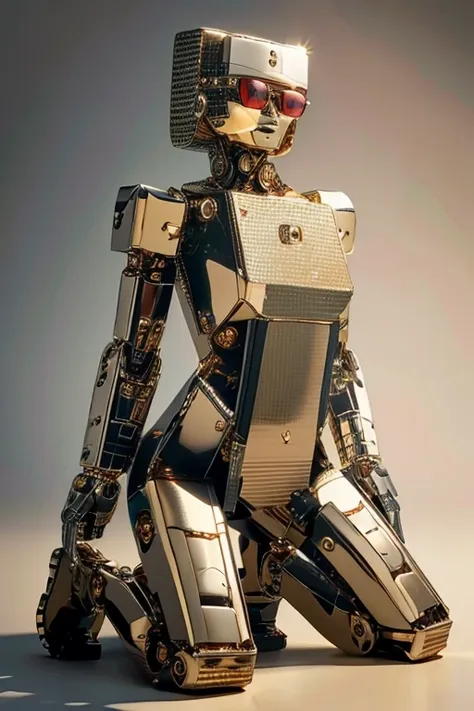 5 8k uhd、a mechanical beauty in a gold metallic body wearing glasses is kneeling、a silver metal robot with shiny skin