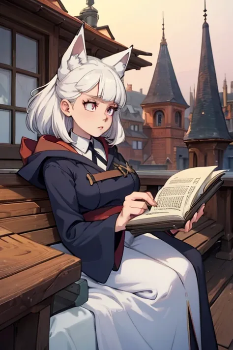 A white haired female witch with copper eyes and white fox ears and a white fox tail in a conservative witchs uniform is reading on a rooftop of an academy