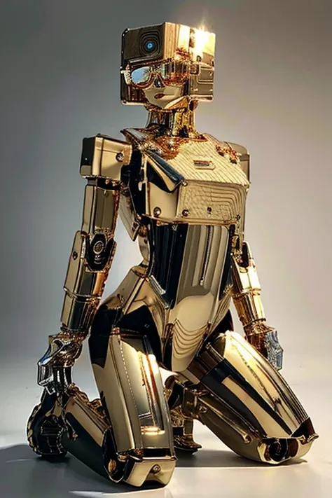 5 8K UHD、A mechanical beauty in a gold metallic body wearing glasses is kneeling、A silver metal robot with shiny skin