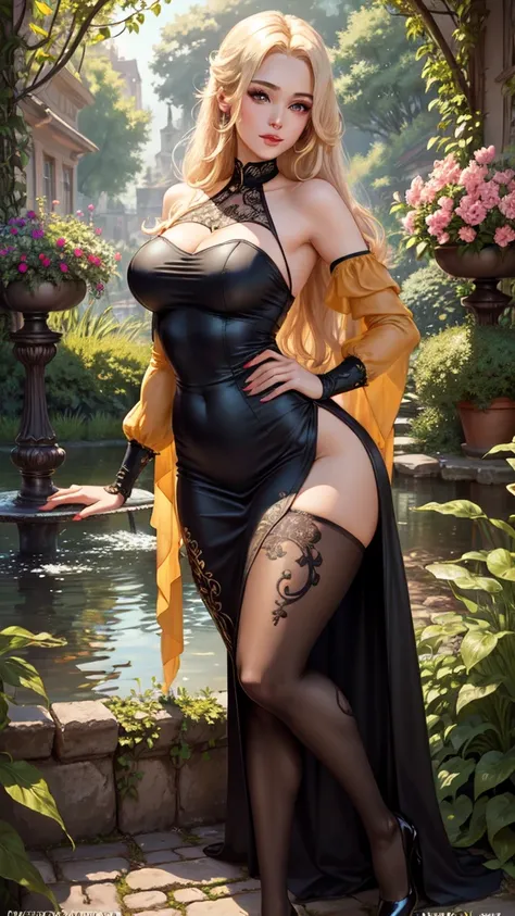 Best Quality, 4K, masterpiece,extremely beautiful woman,pinup,highly detailed beautiful face,big eyelahes,minimum waist,maxi slit dress, tights,straight blonde hair,excellent sense,(((one person))),colorful,highly detailed body,florish garden in the backgr...