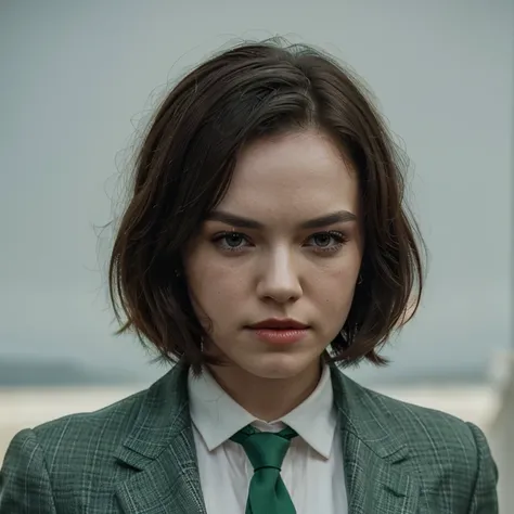 Daisy Ridley dressed in a green suit and tie with painted lips and eyes