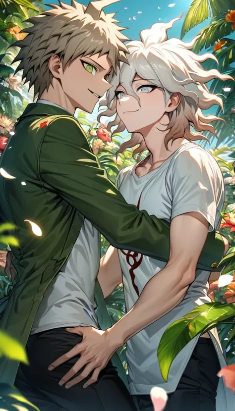 Ultra detailed, Highres, absurdres, HDR, Komaeda Nagito, white hair, silver eyes, Hinata Hajime, light brown hair, Danganronpa, green long coat, white tight t-shirt, black pants, smirking, green leaves, summer, flowers and petals, handsome, 2 man together,...