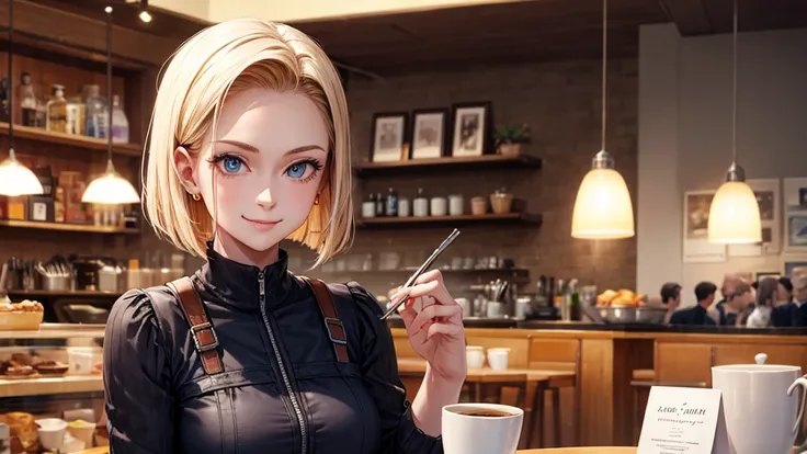 original photo, best quality), 1 girl, Android 18, natural lighting, Upper body, cafes, Smile, Satosh Khan Art Style