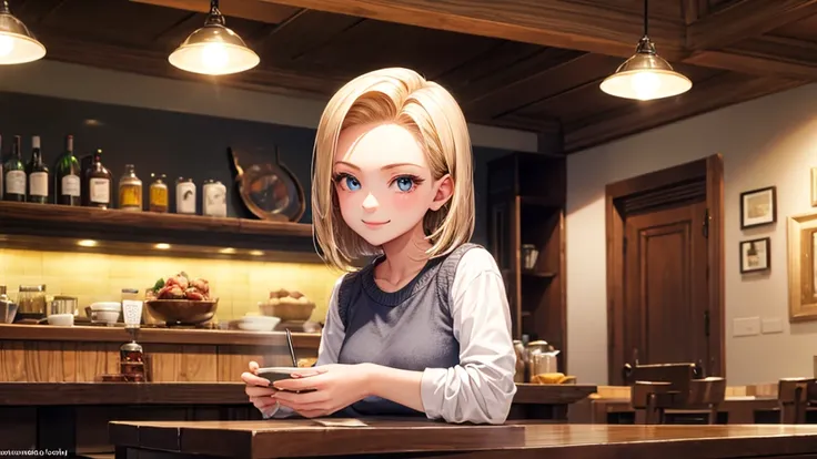 original photo, best quality), 1 girl, Android 18, natural lighting, Upper body, cafes, Smile, Satosh Khan Art Style