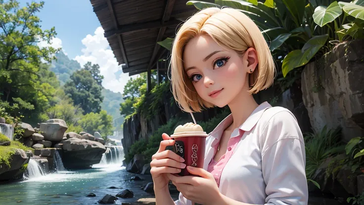 original photo, best quality), 1 girl, Android 18, natural lighting, Upper body, cafes, Smile, Satosh Khan Art Style