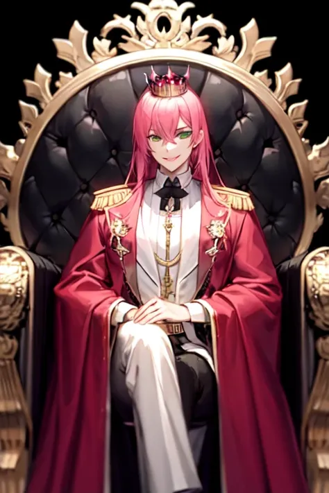 A villainous man with pale skin, green eyes, long pink hair, smiling mischievously on a throne dressed as an old-time emperor with a giant crown. Above it there is a title that says "The abyss of resurrection" 
