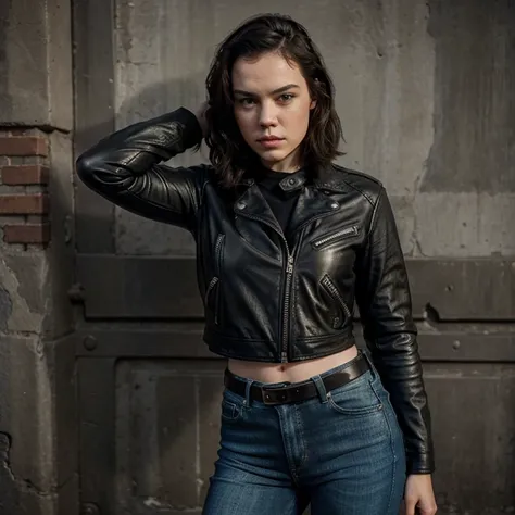 Daisy Ridley dressed in leather jacket and jeans with the bad girl look