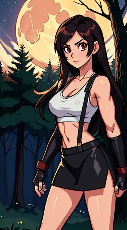 masterpiece, best quality, tifa lockhart, final fantasy vii, 1girl, anime style, cell shading, long black hair, reddish-brown irises, medium breasts, small waist, perfect figure, athletic physique, highly detailed, expressive eyes, perfect face, white crop...