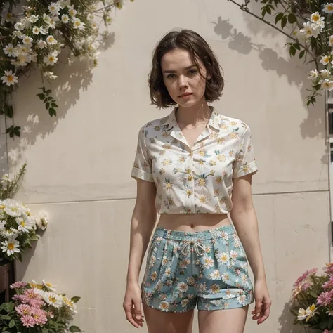 Daisy Ridley dressed in a floral shirt and shorts